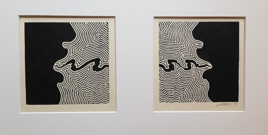Two linocuts of silhouetted faces with energy running between them.