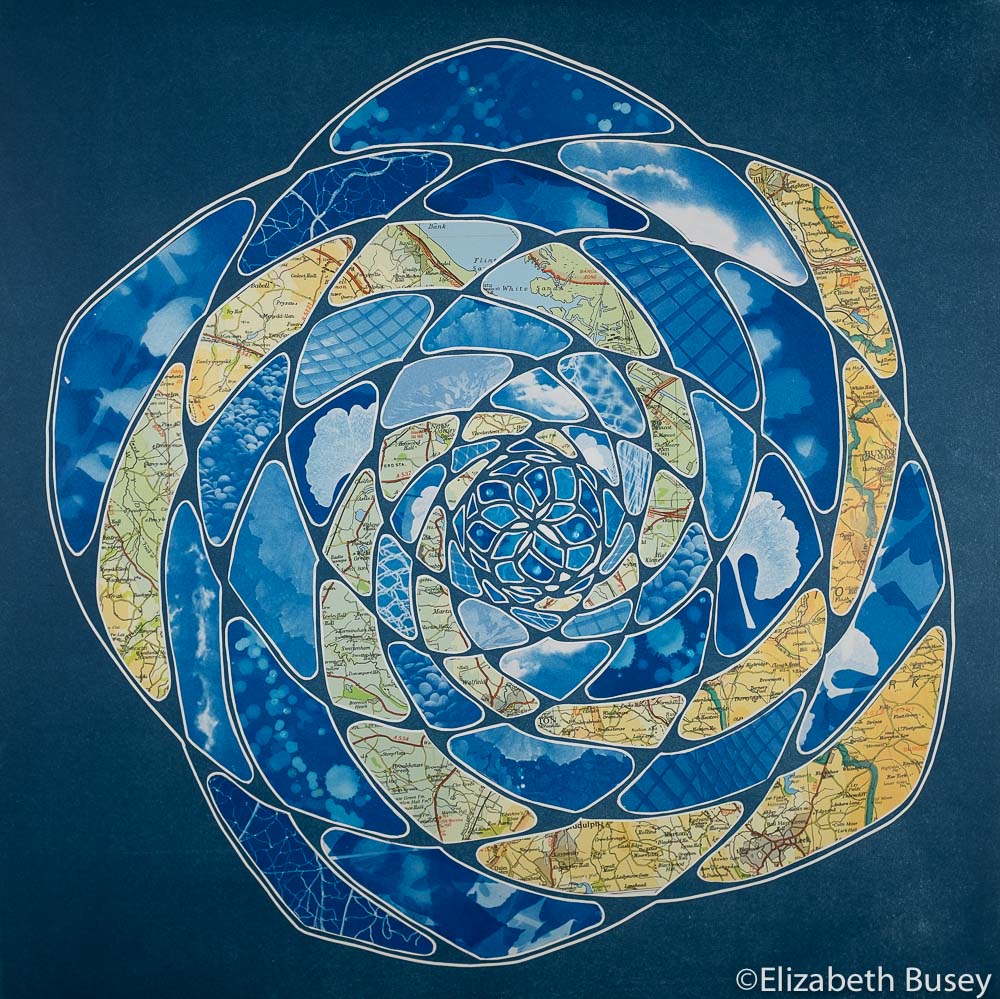 Fibonacci pattern monoprint collage with cyanotypes and vintage maps of England by Elizabeth Busey. 18 x 18 inch. Prussian blues oranges nature patterns