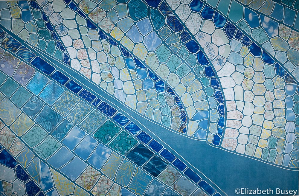Herald rectangular landscape format monoprint collage dragonfly blue blue-green Prussian blue wing segment calm peace voronoi cyanotypes vintage maps Elizabeth Busey 24 x 36 in